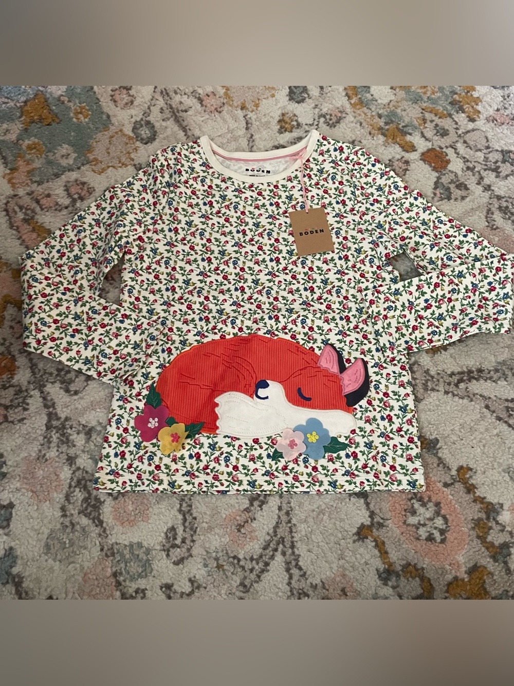 NWT Mini Boden Cream Floral Long Sleeve Top with Orange Fox Appliqué